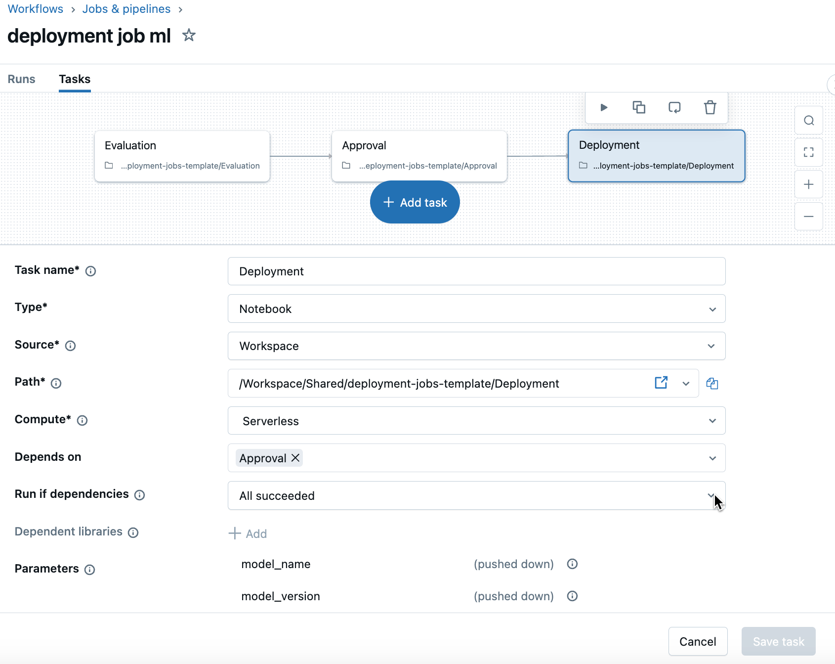 Deployment job created using the UI.